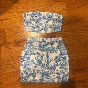 Blue and White Strapless Top and Skirt Set